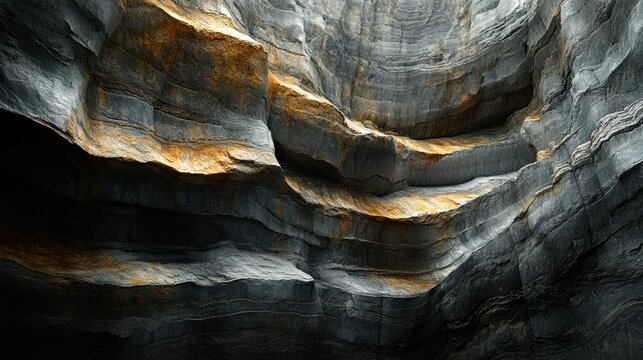 Gray rock canyon wall, looking up, golden streaks, nature