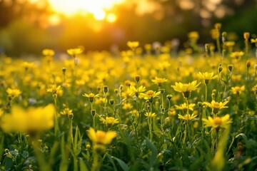 Obraz premium Beautiful yellow wildflowers in a green meadow during a golden sunset.