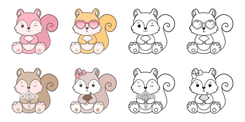 Set of Groovy Woodland Animal Collection Vector, Hand Drawn Squirrel Color and Outline Coloring Page for Book Animals for Kids.