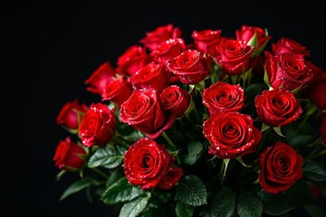 Obraz premium Beautiful bouquet of red roses with water droplets.