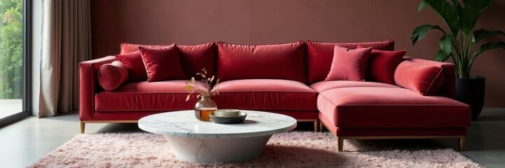 Luxurious velvet sofa in contemporary living room with marble coffee table, interior, sofa, velvet
