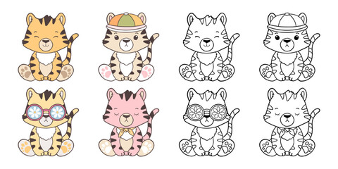 Set of Groovy Woodland Animal Collection Vector, Hand Drawn Tiger Color and Outline Coloring Page for Book Animals for Kids.