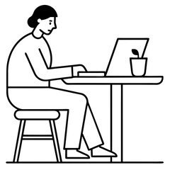  Freelancer working in a caf line art vector illustration