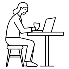  Freelancer working in a caf line art vector illustration