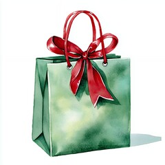 Watercolor Green Gift Bag with Red Ribbon Bow