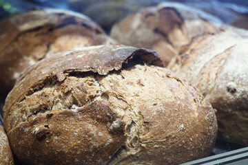 Freshly baked artisan bread displayed in a bakery