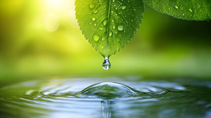 Green leaf with water drops and water drop falling to form water dome.
