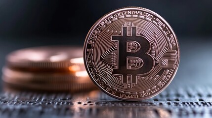 Close-up of physical Bitcoin coins. 