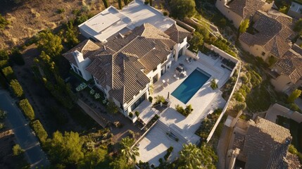 Fototapeta premium Luxury Home Shows Tile Roof, Pool, and Landscaping. Dream House with Architectural Design Theme.
