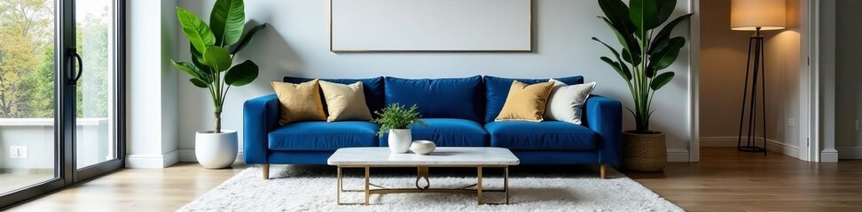 Fototapeta premium Modern living room with navy blue sofa, marble coffee table and indoor plants, modern, marble, indoor plants