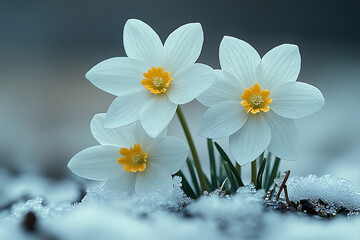 Obraz premium White Daffodils with Yellow Centers Blooming Through Light Snow
