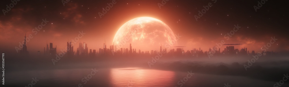 Poster A futuristic skyline illuminated by a large moon, reflecting on a calm water surface at dusk.