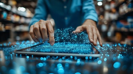 Person interacting with a tablet, displaying a network interface