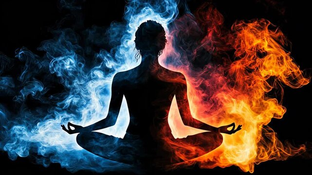 Silhouette of a person meditating surrounded by contrasting swirling flames and icy smoke, symbolizing balance, duality, and inner peace. Perfect for wellness or spirituality themes