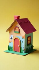 Miniature house made from toilet paper roll, with colorful design, craft, homemade, recycle