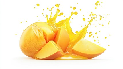Naklejka na ściany i meble Fresh Mango Splash with Juicy Slices on White Background