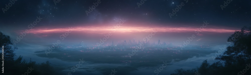 Poster surreal landscape with a glowing horizon and starry sky, evoking a sense of wonder and tranquility.