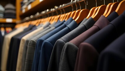Fototapeta premium Refined Style: A Row of Suits Showcased on Classic Wooden Hangers