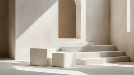 Minimalist Interior Design with Sunlight, Arches, and Geometric Shapes. Architectural Visualization.