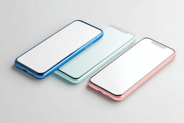 Fototapeta premium Three Smartphones Lay on White Surface, Modern Technology Concept.