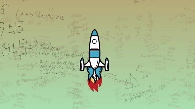 Rocket launching animation with complex mathematical equations in background