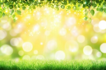 Obraz premium Green Grass Grows Under Sunny Sky with Magical Sparkling Light and Lush Green Leaves. Summer Meadow Theme.