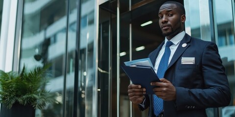 A professional guard checking IDs at the entrance of a corporate building