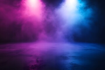 Obraz premium Moody, Empty Pink, Blue and Purple Abstract Studio Background with Lights, Smoke, and Concrete Floor.
