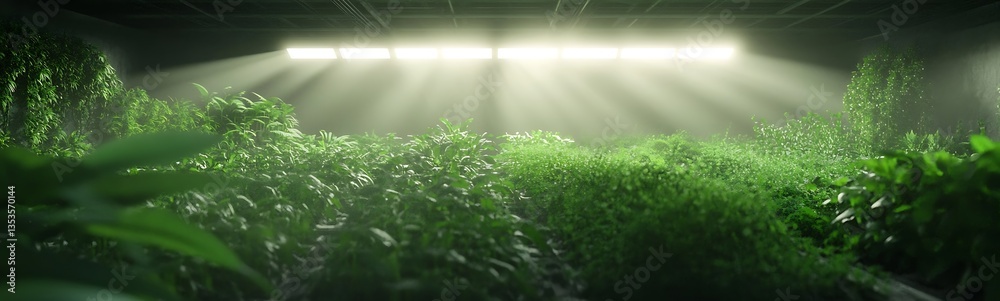 Aufkleber Lush greenery illuminated by soft light in an indoor space, creating a serene atmosphere.