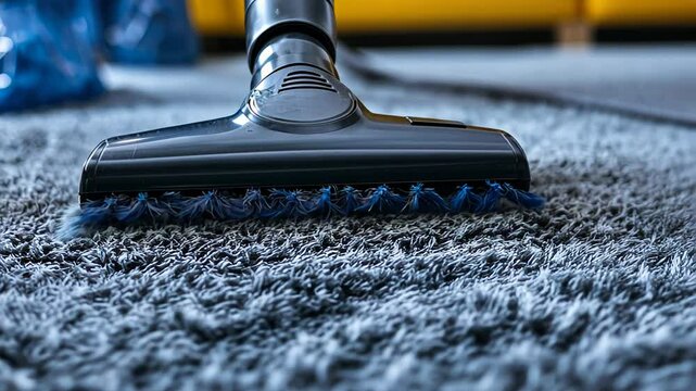 Close-up shot of a vacuum cleaner head efficiently gliding over a textured carpet. A dynamic and clean composition suited for household, cleaning services, hygiene products, and home care themes