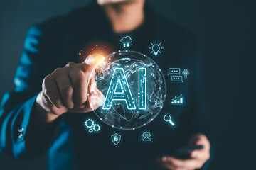 Ai Artificial Intelligence technology concept, Businessman using AI technology on smartphone, Futuristic technology transformation. Chat with AI, Enter prompt and searching data in global network