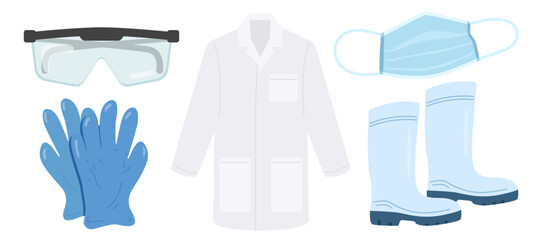 Lab safety gear illustration set. Personal protective equipment collection including gloves, safety glasses, lab coat, boots, and mask. Science laboratory PPE flat vector graphic elements.