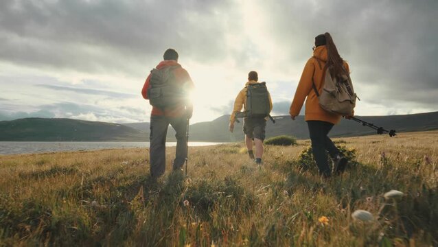 A group of tourists walk through a field of wild flowers towards a mountain lake at sunset, low angle, bottom view