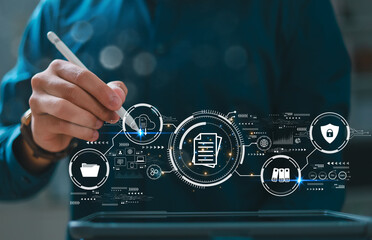 Business people are managing documents on online document databases in the cloud and digital filing...