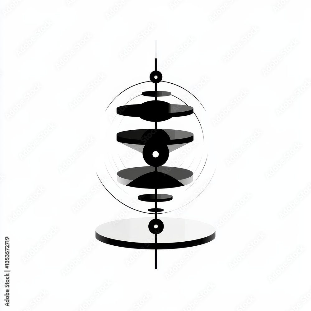 Poster abstract black and white mobile sculpture: a minimalist design of geometric shapes suspended on a ve