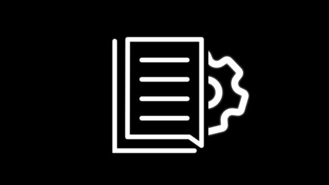 White Line Checking note and gear Icon Isolated on Black Background. Management Concept Icon. 4K Ultra HD Video Motion Graphic Animation.