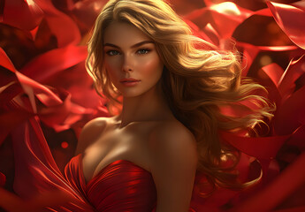 Naklejka premium Attractive lady with flowing blonde hair posing in a red gown against a vibrant background. 