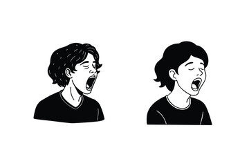Two individuals yawning, monochrome illustration, tired expressions, sleepiness, exhaustion, fatigue