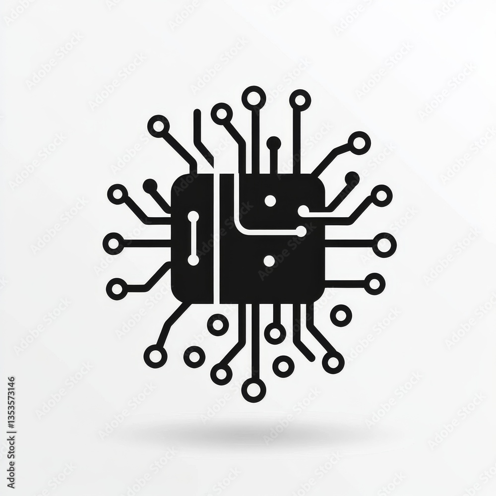 Poster black and white microchip illustration, highlighting intricate circuitry and connections for modern 
