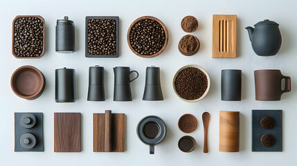 Assortment of coffee beans, ground coffee, and various coffee making accessories on white surface.
