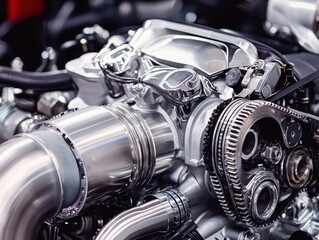 Turbocharged engine close-up automotive workshop high-resolution image industrial setting detailed view engineering concept