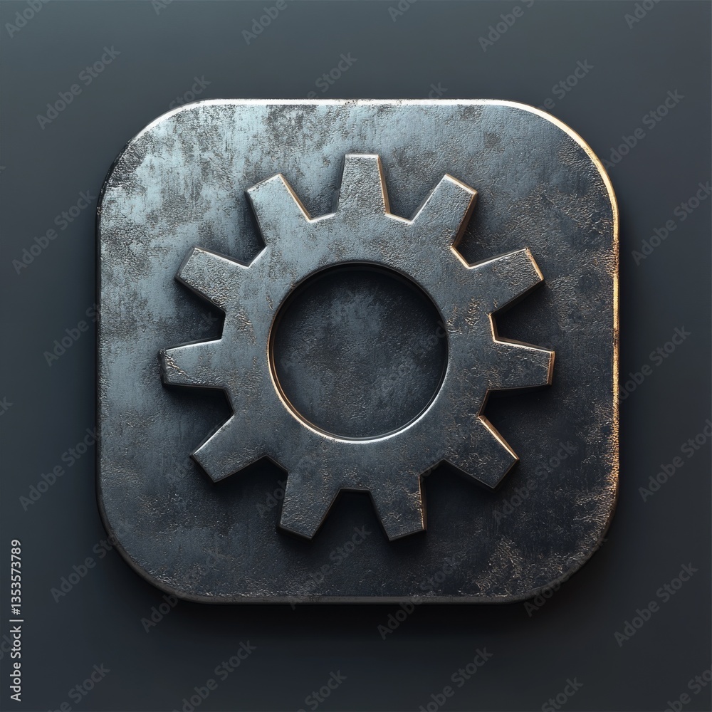 Poster distressed metal gear icon: close-up of a weathered cogwheel symbol set on a rounded square plate wi