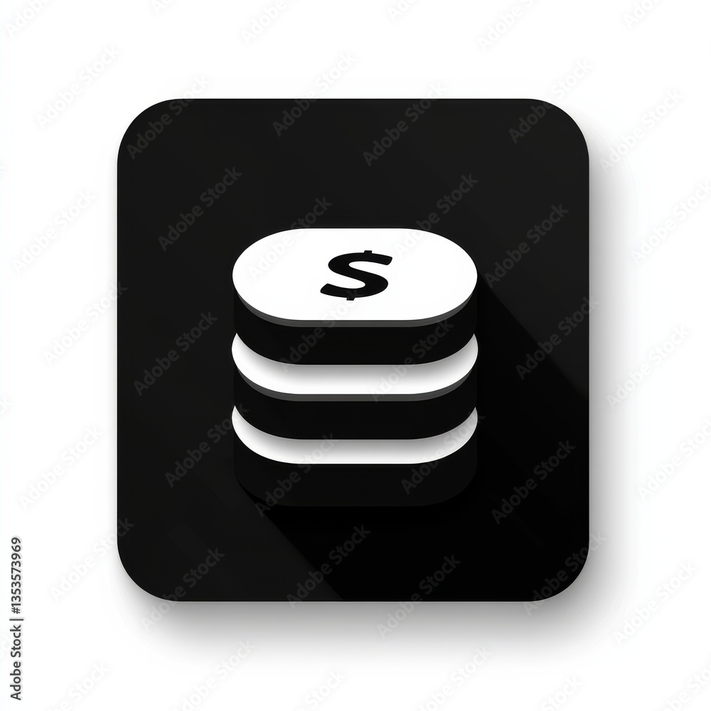 Poster financial stack: modern black app icon with dollar sign representing currency and wealth