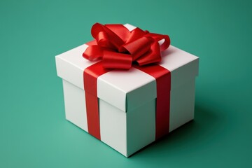 Obraz premium A white gift box decorated with a vibrant red ribbon bow