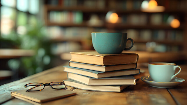 Aesthetic view of books stacked on a wooden table with glasses and cups of coffee