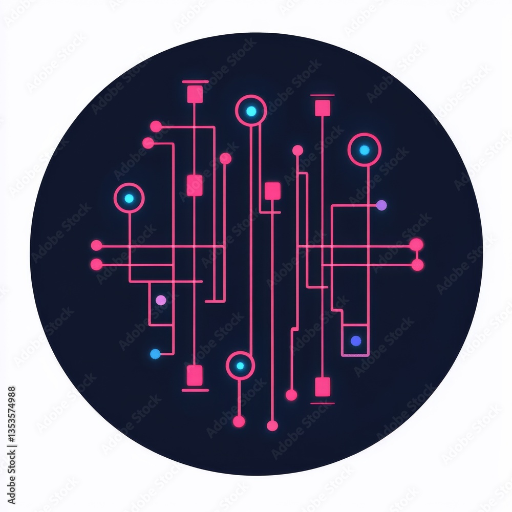 Aufkleber neon circuit board: futuristic technology on a dark background with pink lines and glowing blue node