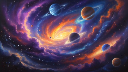 Vibrant Multicolored Outer Space – Radiant Nebulae, Glowing Planets, and Celestial Wonders in a Cosmic Fantasy, Generative AI