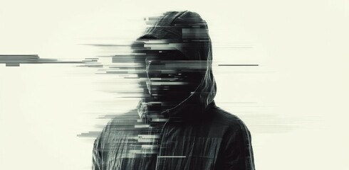 Anonymous Figure Disappears into Digital Distortion with Glitch Art Effect and Privacy Theme.