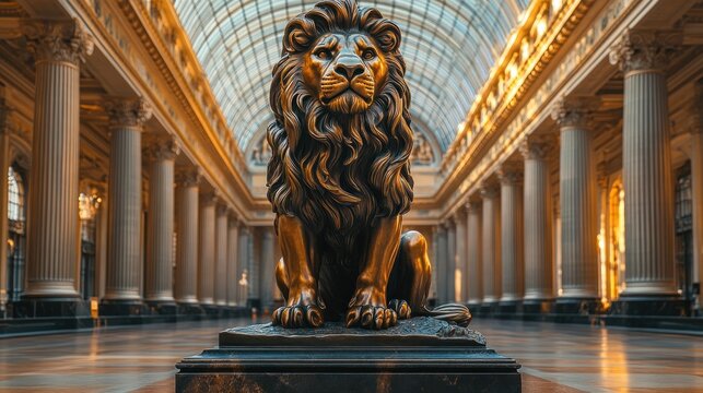 Bronze lion statue, seated, ornate hall, sunlight streams through arched windows - Powered by Adobe