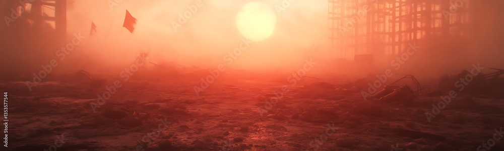 Poster surreal landscape at sunset, featuring a hazy atmosphere and remnants of a ruined structure.